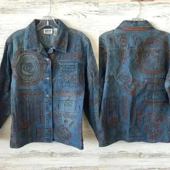 Chico's Vintage Rare Denim Leather Embroidered  Art To Wear Jacket Size Medium💙 - Picture 1 of 6